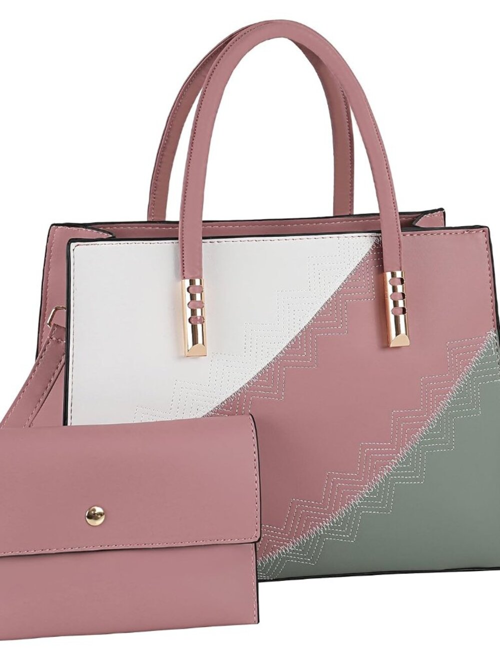 Women Fashion Handbags Color Block Top Handle Tote Satchel Crossbody Bag 2pcs Se